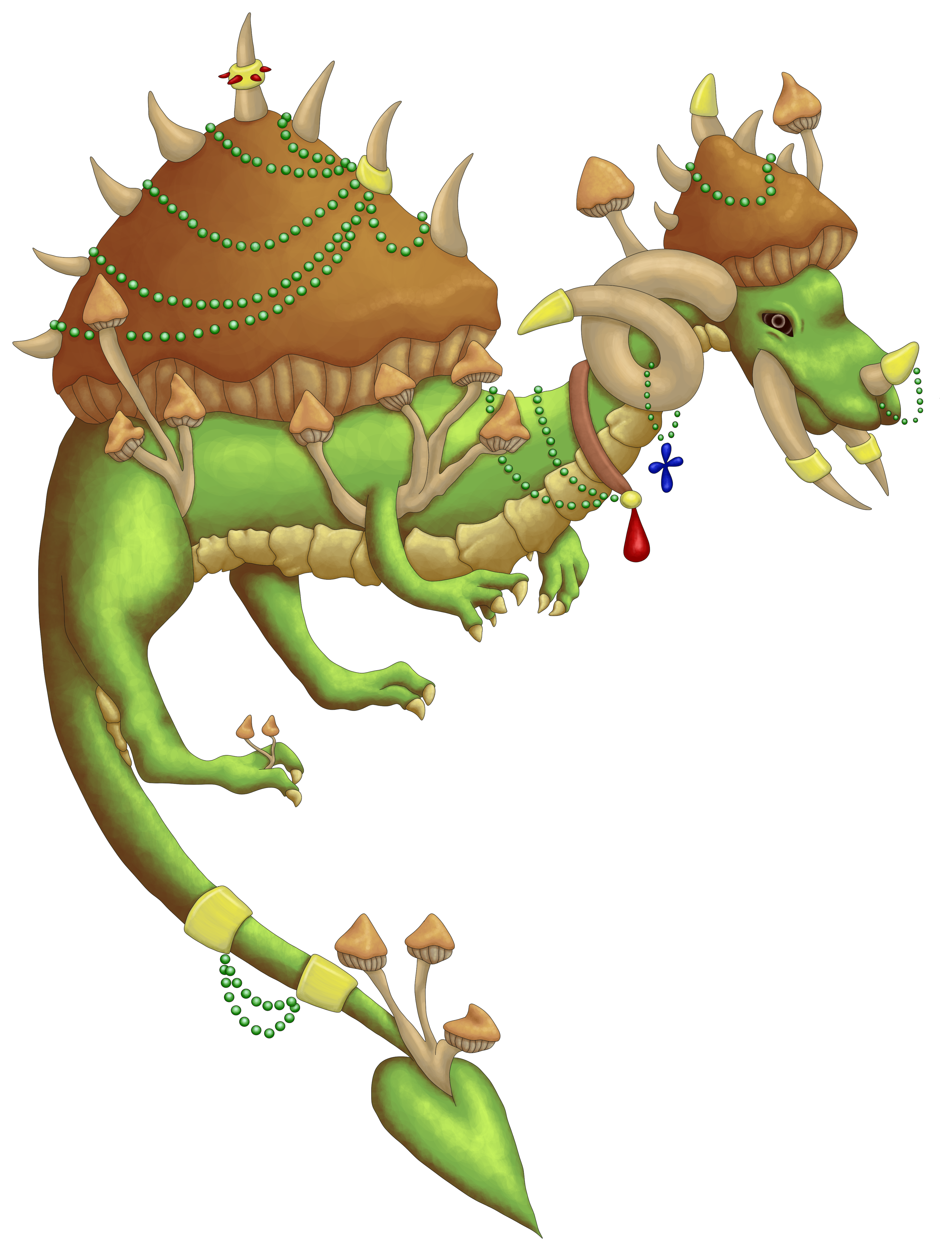 Kip, a green dragon with mushroom features wearing jewellery.