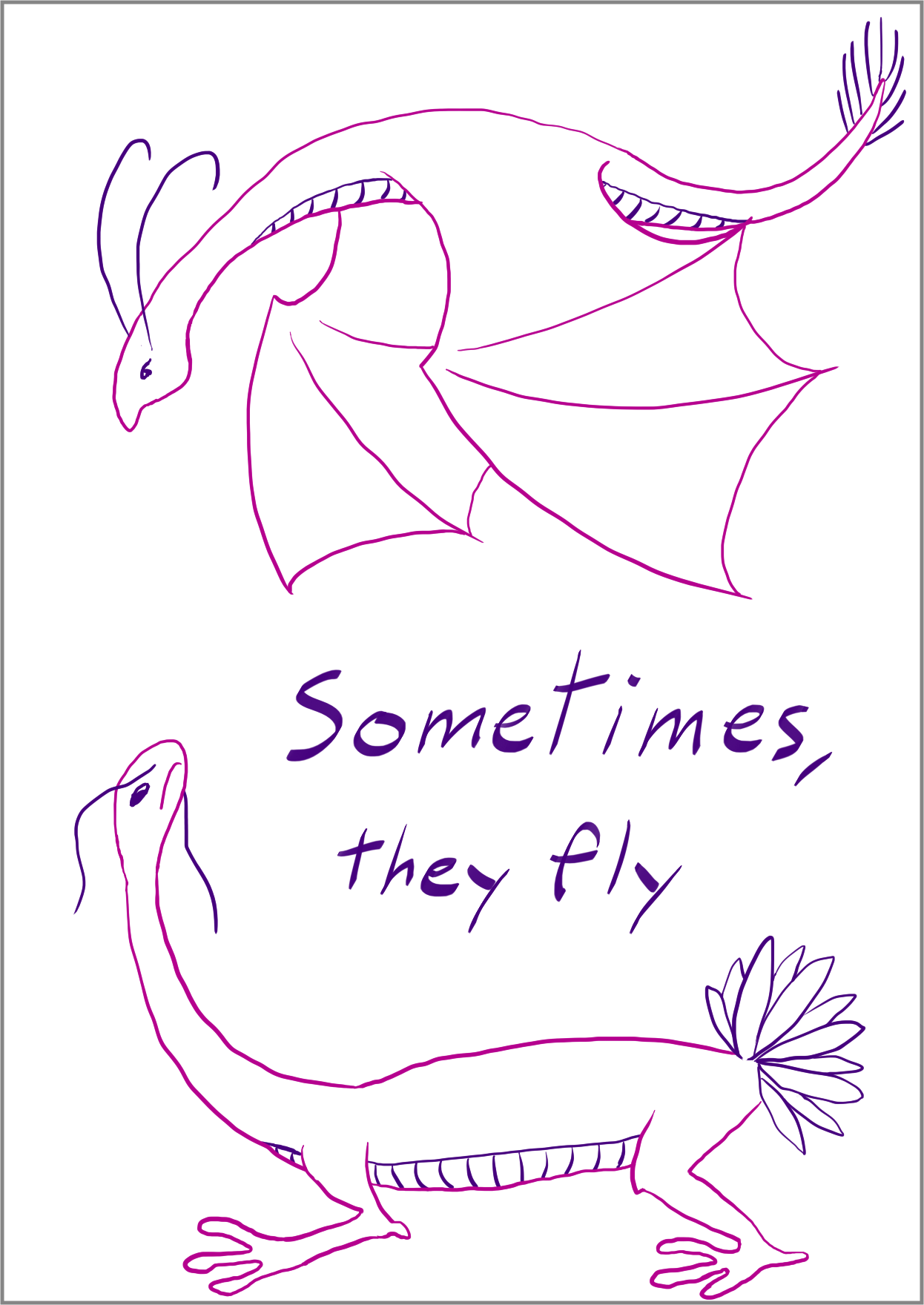 'Sometimes, they fly...' a dragon with two wings flying over a dragon with no wings, lineart