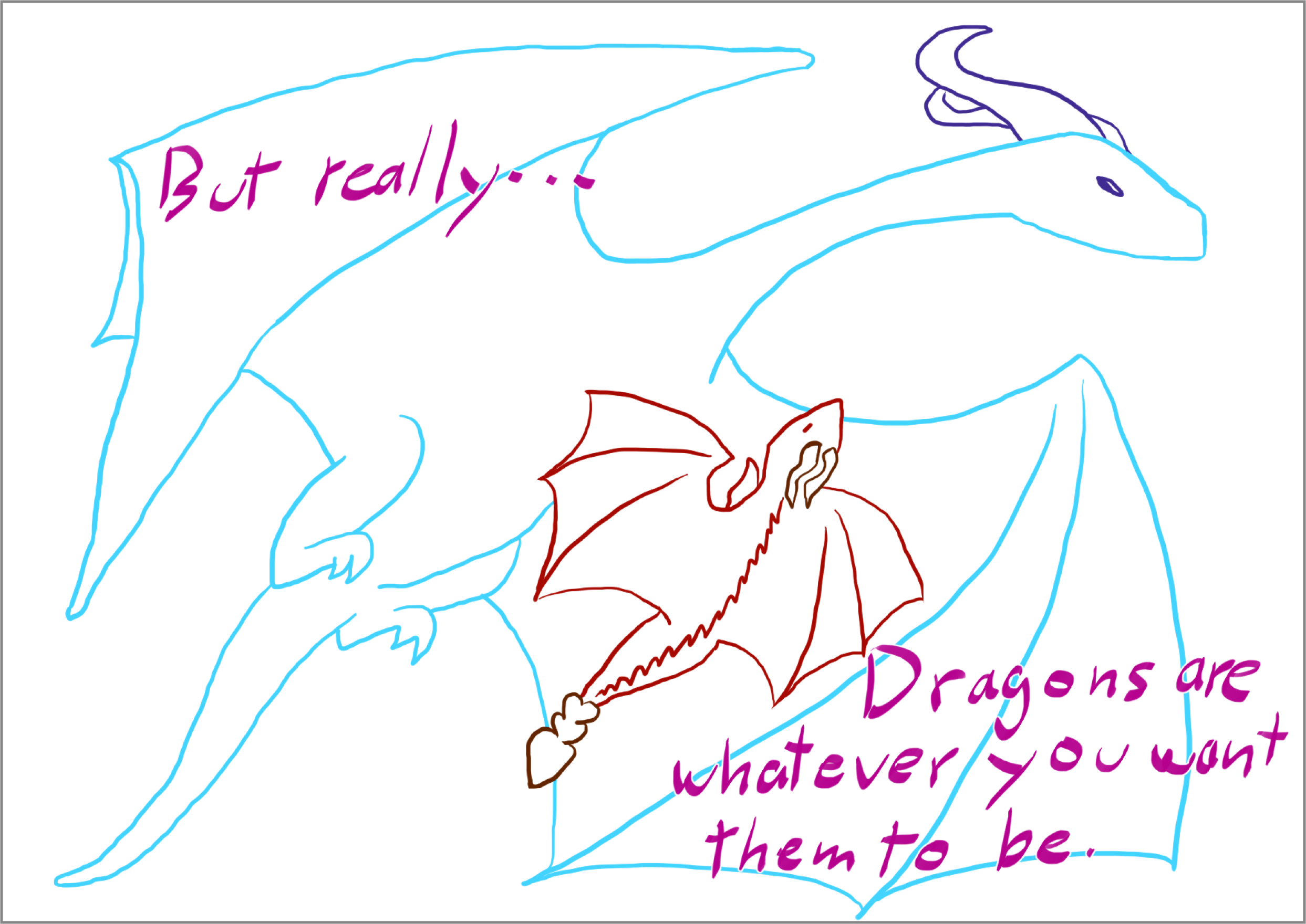 'But really, dragons are whatever you want them to be.' a large blue dragon flying alongside a small brown dragon, lineart